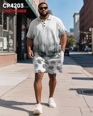 Big & Tall Men's Business Hawaiian Gradient Leaf Print Short Sleeve Polo Shirt Shorts Suit