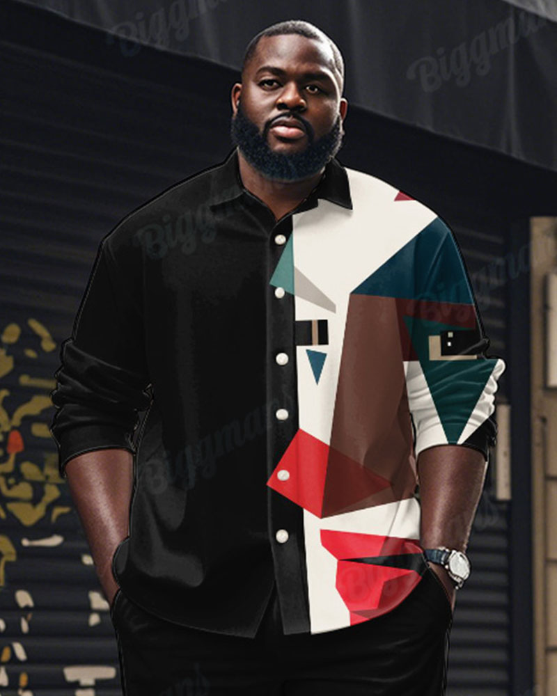 Men's Plus Size Black Colorblock Abstract Clown Cartoon Print Long Sleeve Shirt Trousers Suit
