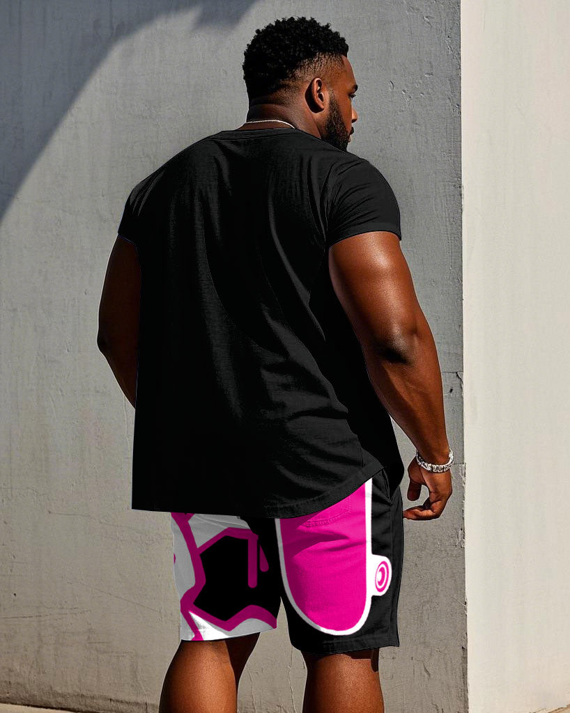 Men's Plus Size Street Hip Hop Pink & Black Short Sleeve T-Shirt Shorts Suit