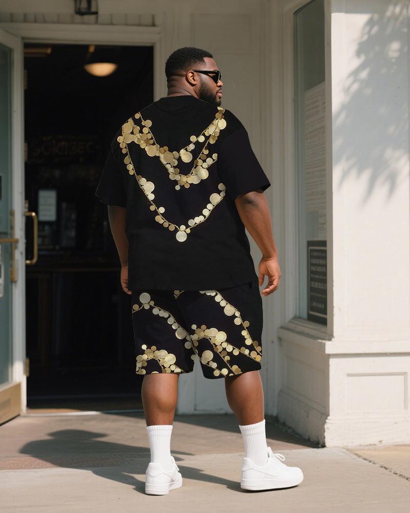Big & Tall Men's Black Round Geometric Chain Print Round Neck Short Sleeve T-Shirt Shorts Suit