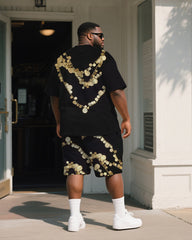 Big & Tall Men's Black Round Geometric Chain Print Round Neck Short Sleeve T-Shirt Shorts Suit