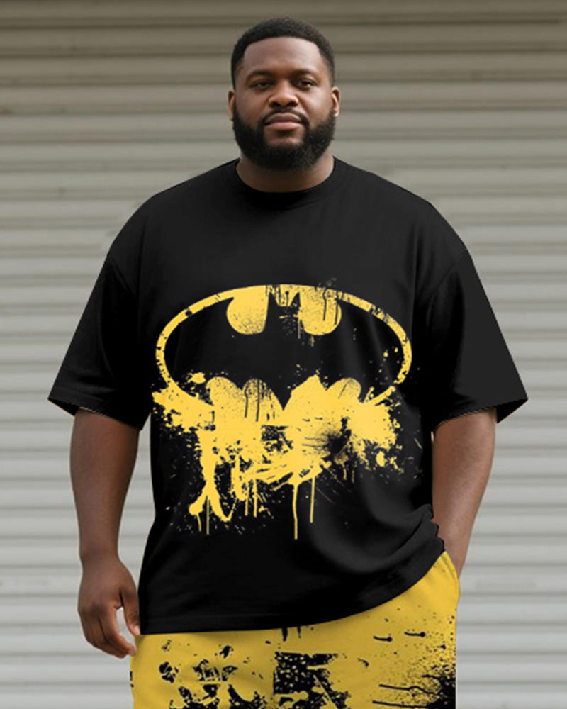 Big & Tall Men's Yellow Graffiti Teeth Print Round Neck Short Sleeve T-Shirt Shorts Suit
