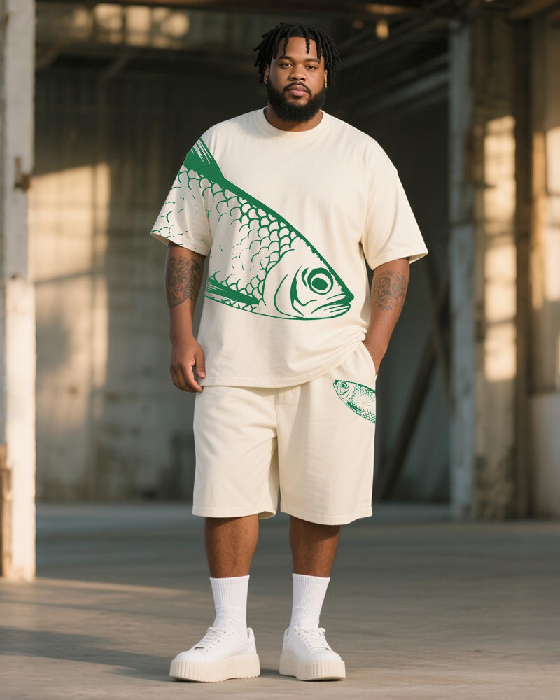 Big & Tall Men's Vintage Japanese Painting Fish Print Round Neck Short Sleeve T-Shirt Shorts Suit