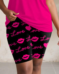 Women's Plus Size Daily Casual Rose Red Letter Lip Print Pocket Vest Shorts Suit