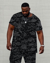 Men's Plus Size High-end Same Color Black Jacquard Flower Craft Fabric Short-sleeved T-shirt Trousers Suit