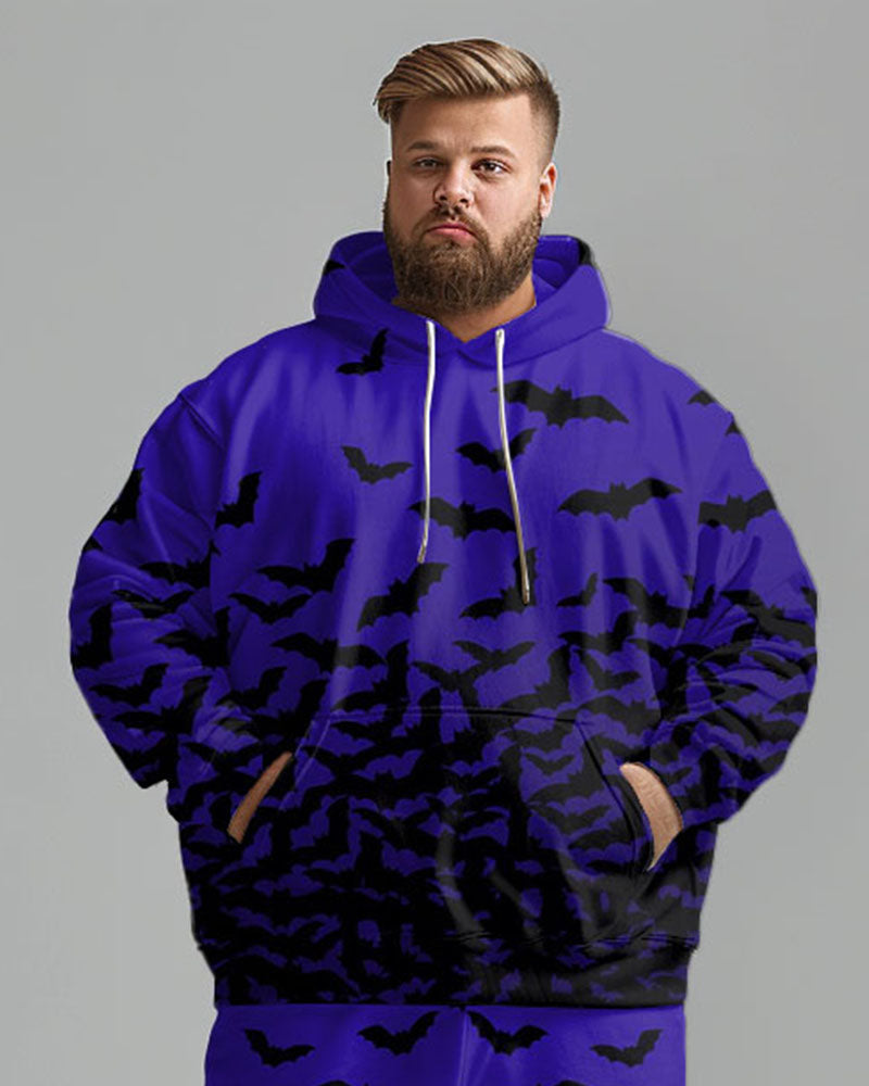 Men's Halloween Gradient Bat Print Big and Tall Hoodie Set