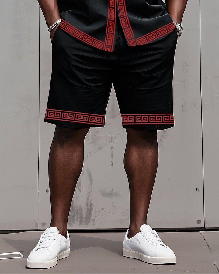Big Man's Retro Daily Casual Edge Color Block Printing Short Sleeve Shirt Shorts Suit