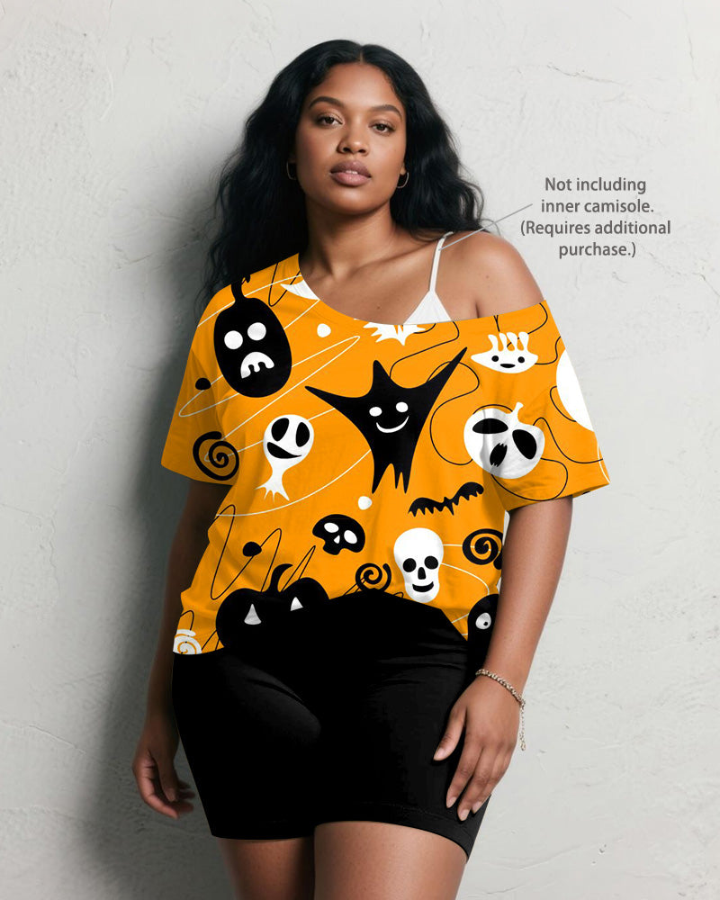 Women's Big & Tall Halloween Pumpkin Ghost Graffiti Print Short Sleeve Shorts Suit