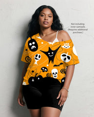Women's Big & Tall Halloween Pumpkin Ghost Graffiti Print Short Sleeve Shorts Suit