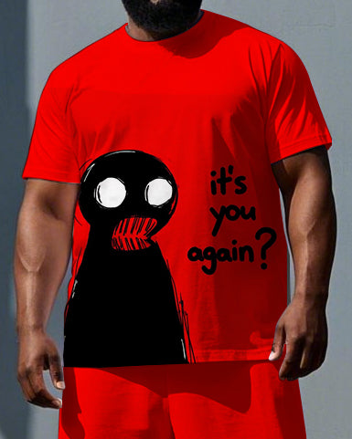 Big & Tall Men's Shocked Elf it's you again Print Punk Style Laid-back Short-Sleeve T-shirt 2-Piece Set