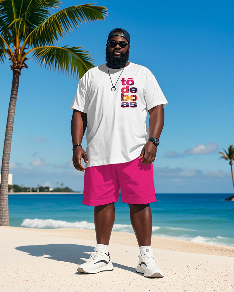 Men's Plus Size Hawaiian Gradient Letter Print Short Sleeve T-shirt Shorts Suit