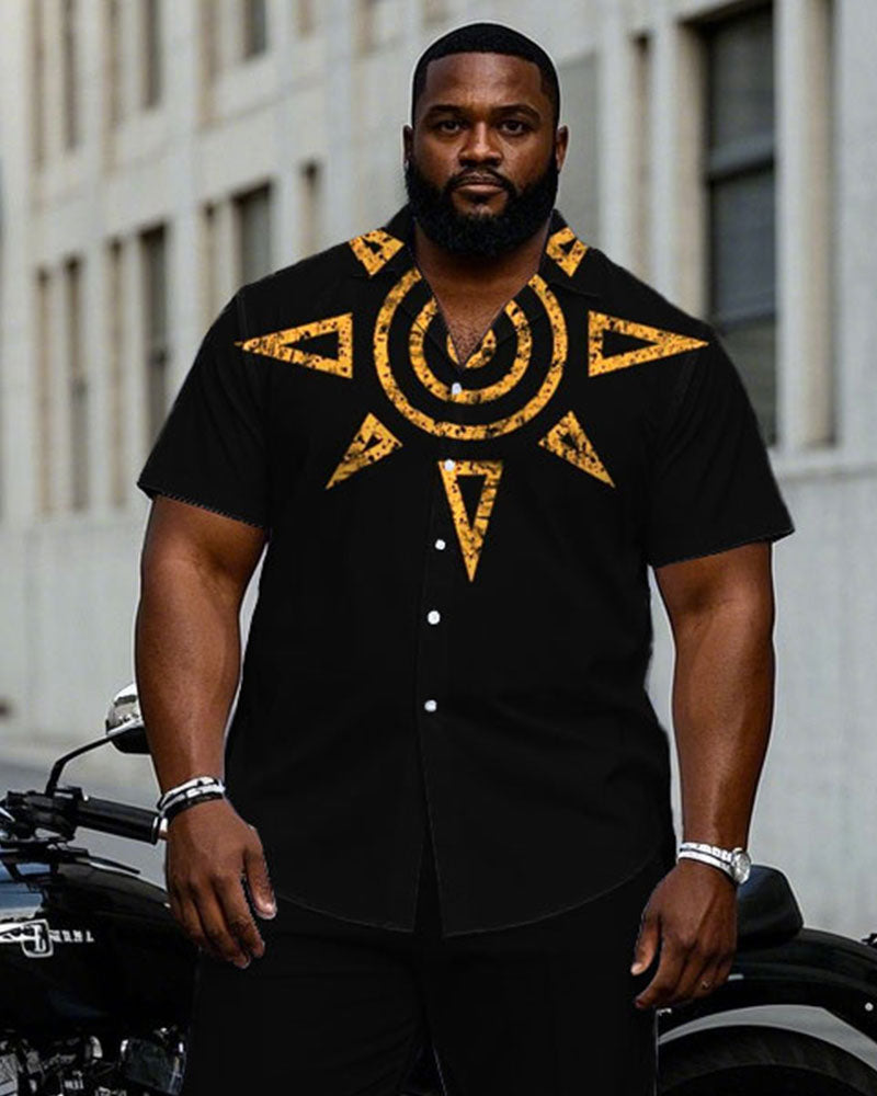 Men's Plus Size Black Collar Signature Printed Short Sleeve Shirt Trousers Suit