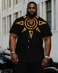 Men's Plus Size Black Collar Signature Printed Short Sleeve Shirt Trousers Suit