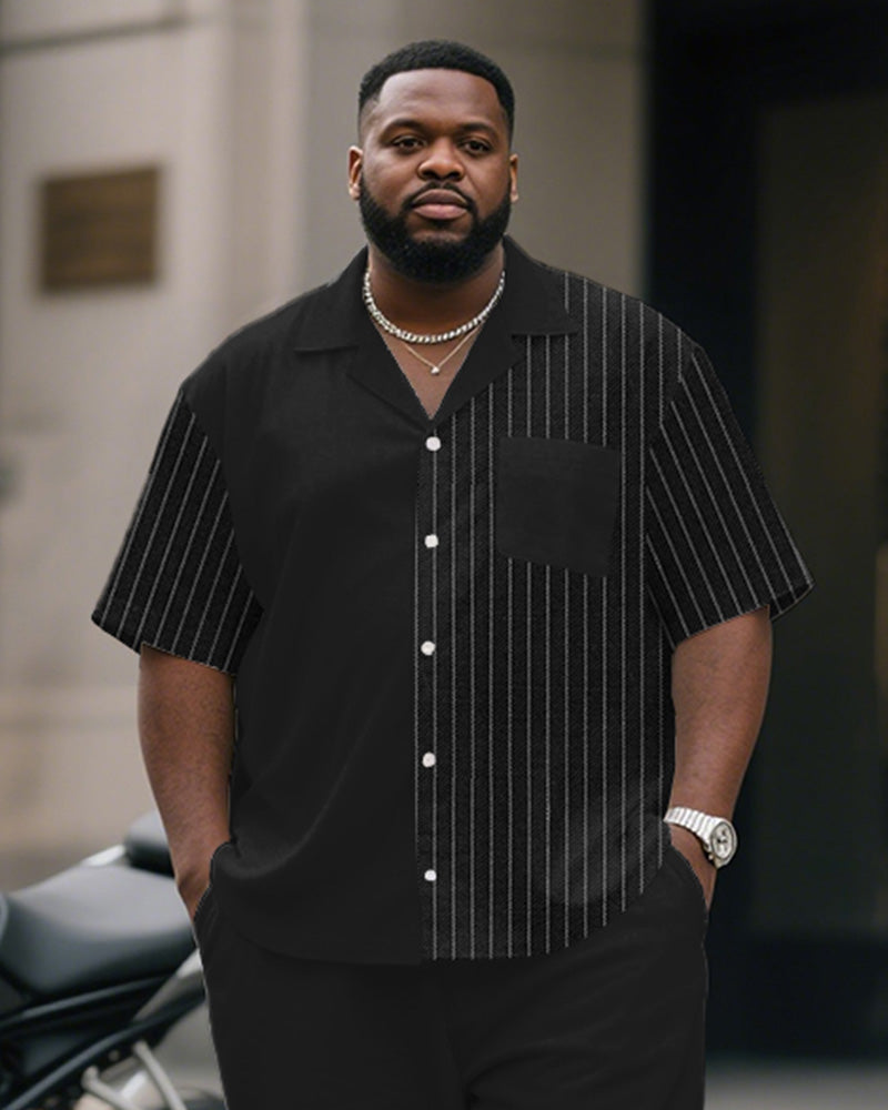 Men's Plus Size Simple Black Stripe Patchwork Printing Pocket Short Sleeve Shirt Trousers Suit