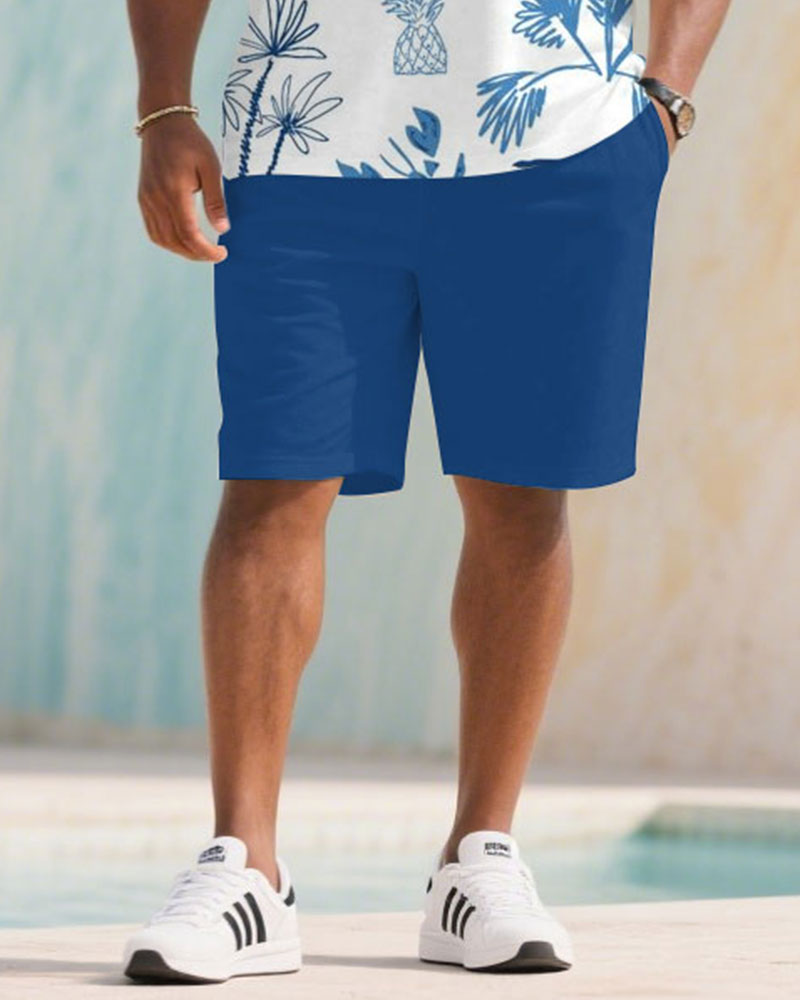 Men's Plus Size Holiday Blue Plant Full Print Short Sleeve Polo Shirt Shorts Suit
