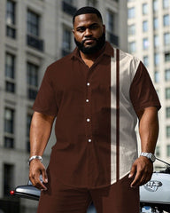 Men's Plus Size Red Brown & Apricot Colorblock Short Sleeve Shirt Pants Suit