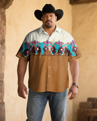 Men's Plus Size Retro Western Denim Pattern Patchwork Printed Short Sleeve Shirt