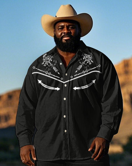 Big Guy's Western Cowboy Style Simple Embroidery Printed Long Sleeve Shirt Pants Set