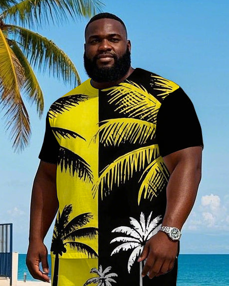 Men's Splicing Coconut Trees silhouette Printed Casual Big Size Short Sleeve T-shirt Shorts Set