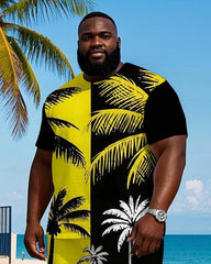 Men's Splicing Coconut Trees silhouette Printed Casual Big Size Short Sleeve T-shirt Shorts Set