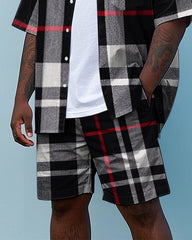 Men's Big Size Simple Classic Black Plaid Printed Daily Casual Short Sleeve Shirt and Shorts Set