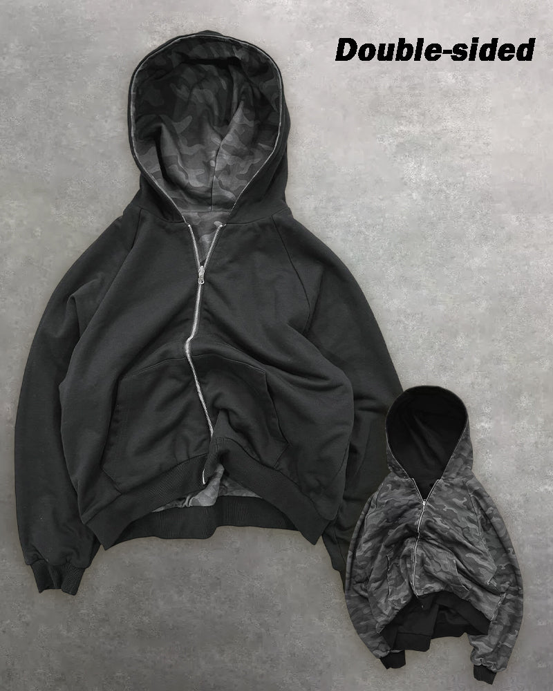 Big & Tall Men's Leopard Print Two-Face Zipper Loose Hooded Sweat S-2XL