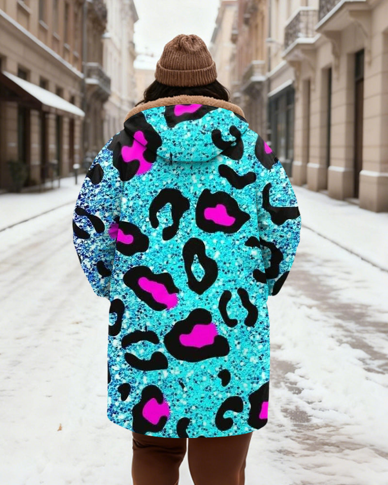 Women's Blue Powder Leopard Sequin Print Velvet Thickened Long Hooded Coat