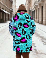 Women's Blue Powder Leopard Sequin Print Velvet Thickened Long Hooded Coat