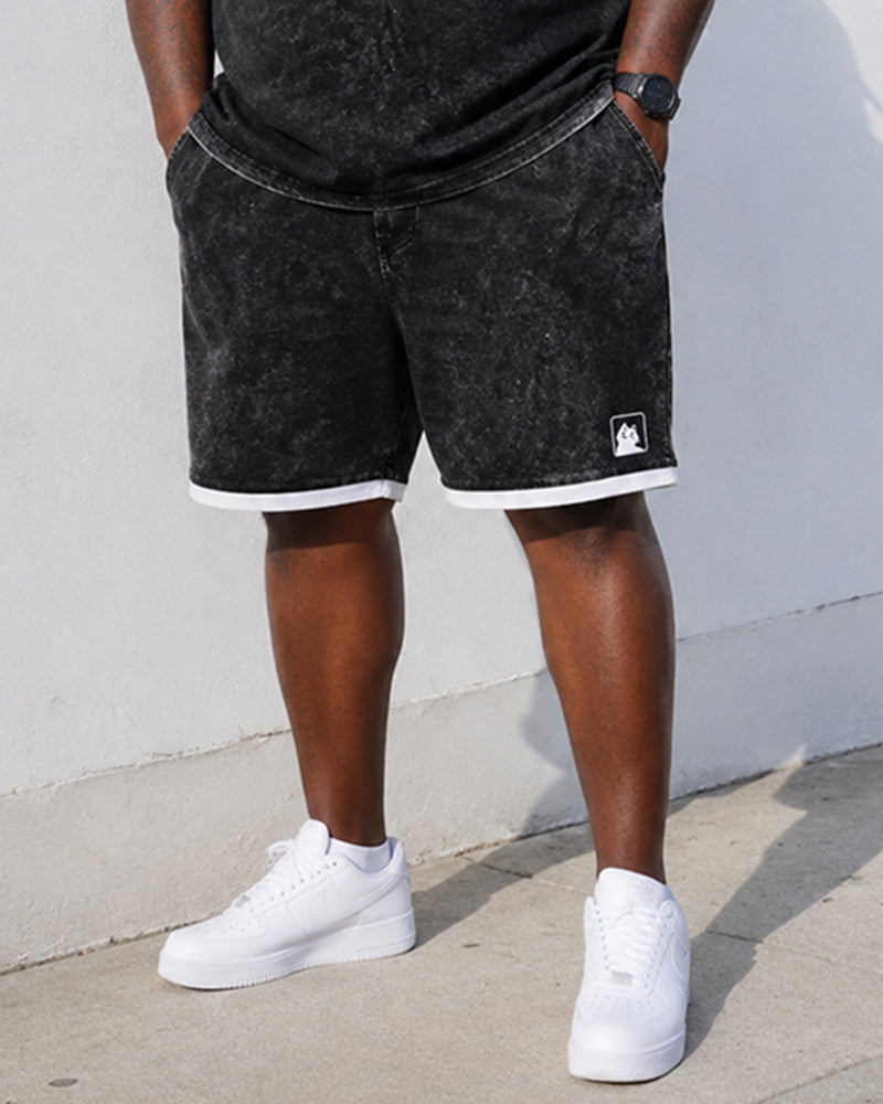 Big & Tall Men's Black And White Rib Edge Small Label Printed Crewneck Short Sleeve T-shirt Shorts Set