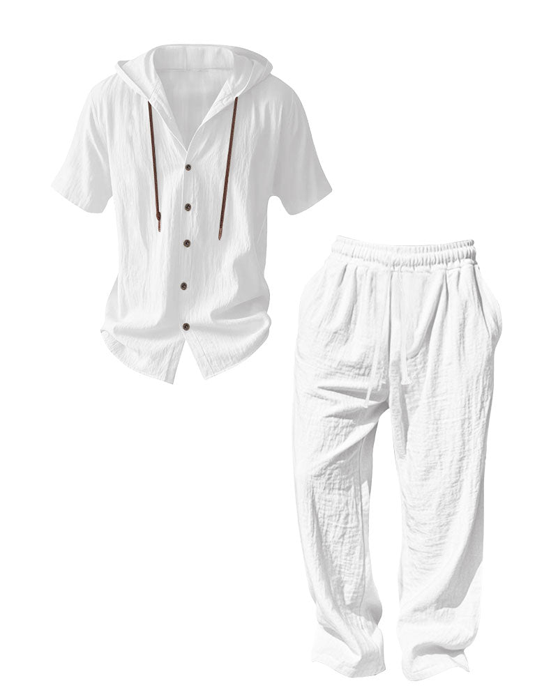 S-3XL Hooded Cotton Linen Long Sleeve Shirt Trousers Set