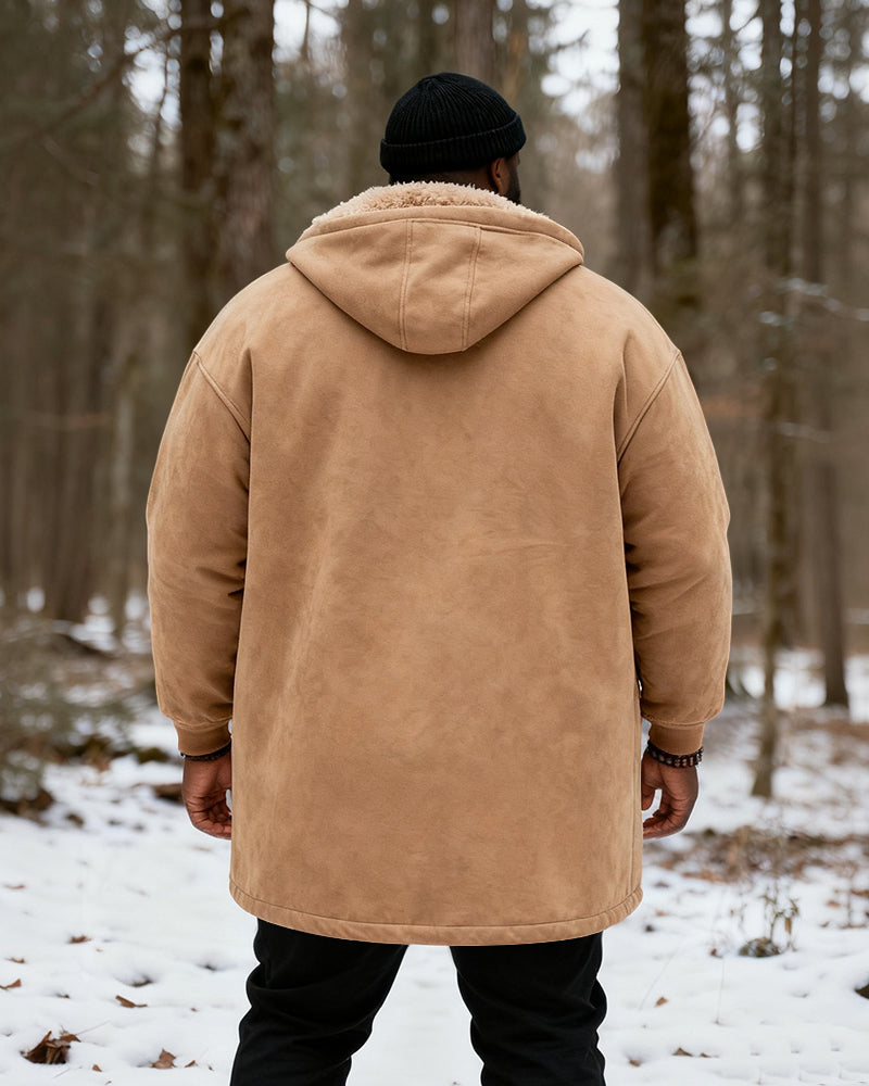 Big & Tall Men's Hunting Style Bull Totem Print Velvet Thickened Long Hooded Coat