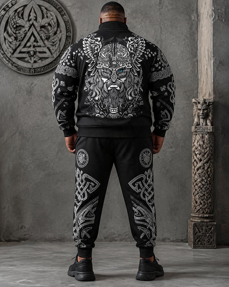 Big & Tall Men's Odin Statues Nordic Rune Printed Half-Zip Sweat Set