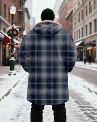 Big & Tall Men's Navy Plaid Printed Velvet Padded Long Hooded Coat