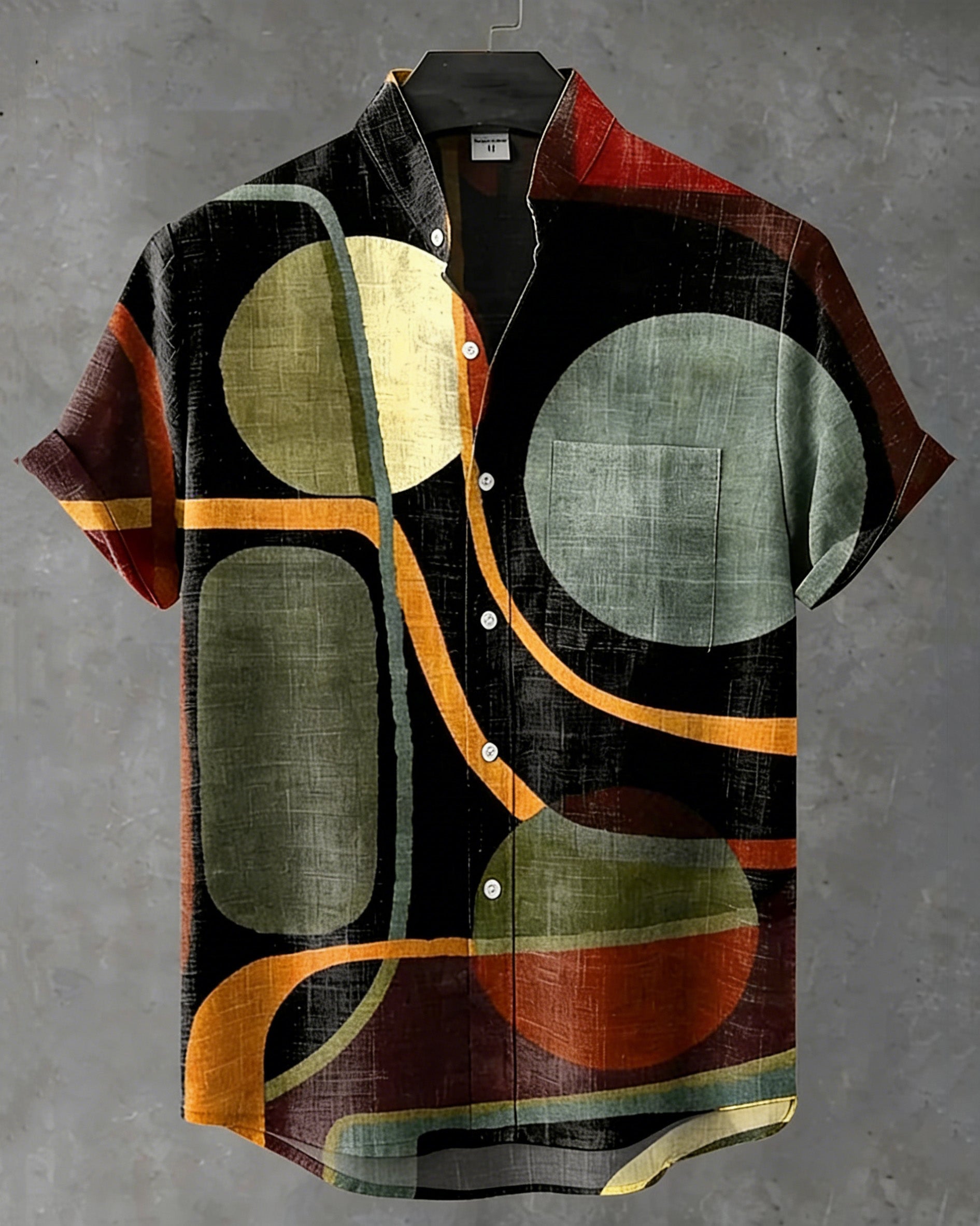 Big & Tall Men's Abstract Geometric Art Print Henry Collar Short Sleeve Shirt