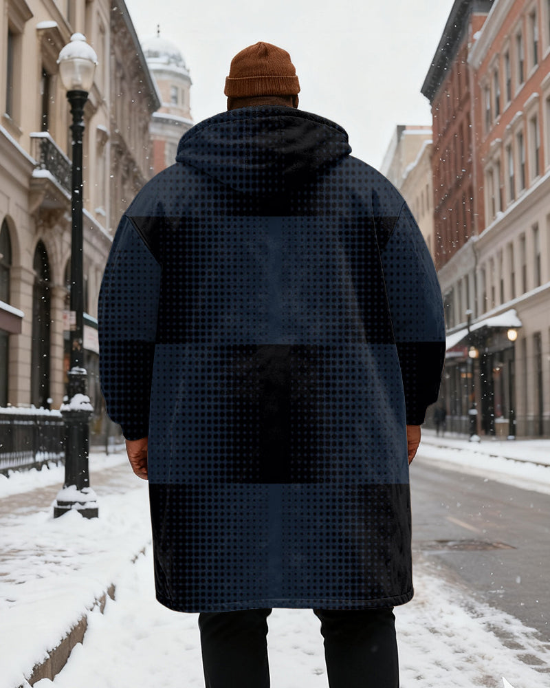 Big & Tall Men's Retro Wave Dot Stitching Printed Velvet Padded Long Hooded Coat