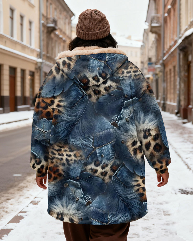 Women's Leopard-Print Feather-Print Velvet Thickened Long Hooded Coat