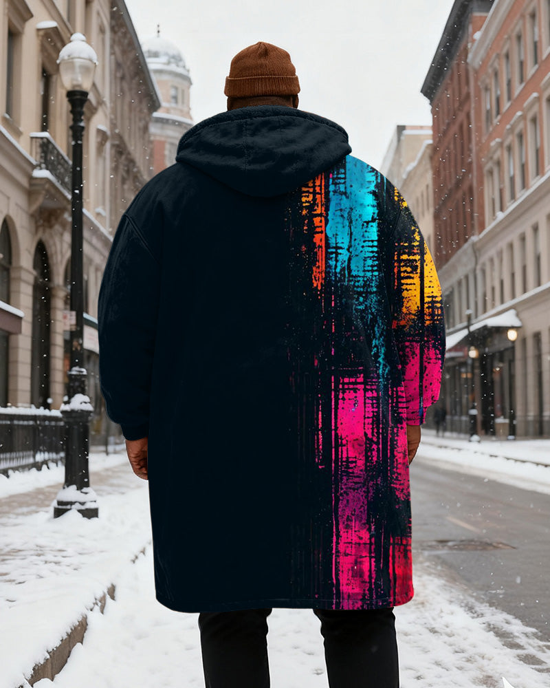 Big & Tall Men's Cyberpunk Style Color Graffiti Printed Velvet Thickened Long Hooded Coat