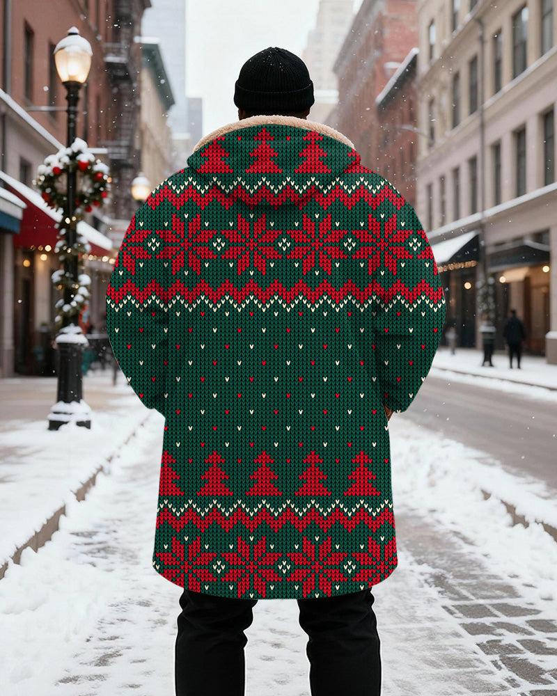 Big & Tall Men's Green Red Christmas Pattern Printed Velvet Thickened Long Hooded Coat