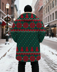 Big & Tall Men's Green Red Christmas Pattern Printed Velvet Thickened Long Hooded Coat