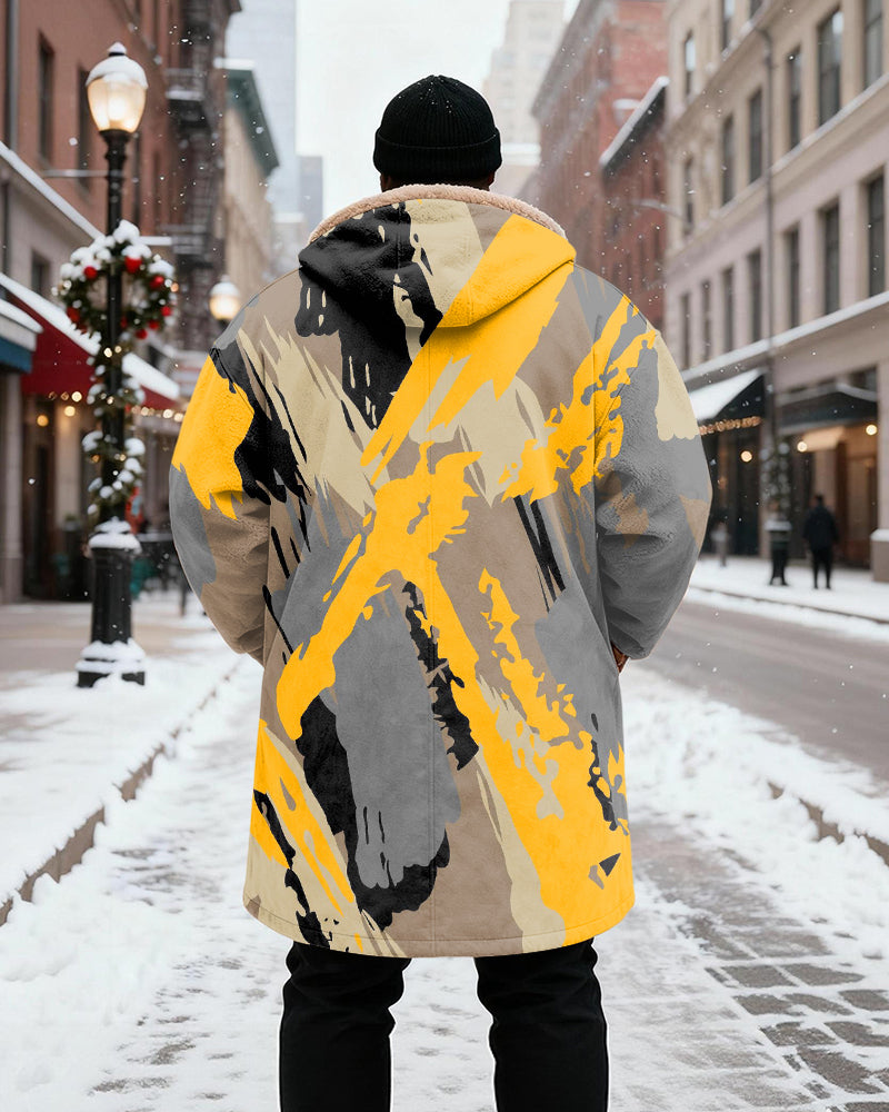 Big & Tall Men's Yellow Gray And Black Graffiti Printed Velvet Padded Long Hooded Coat