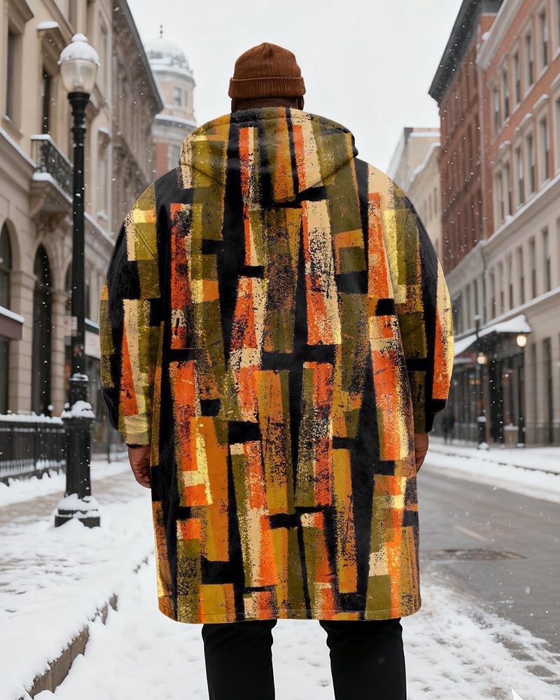 Big & Tall Men's Golden Brown Black Geometric Abstract Texture Printed Velvet Padded Long Hooded Coat