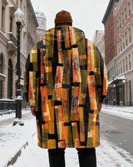 Big & Tall Men's Golden Brown Black Geometric Abstract Texture Printed Velvet Padded Long Hooded Coat