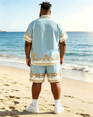 Big & Tall Men's Light Blue Vintage Baroque Print Short Sleeve Shirt Shorts Set