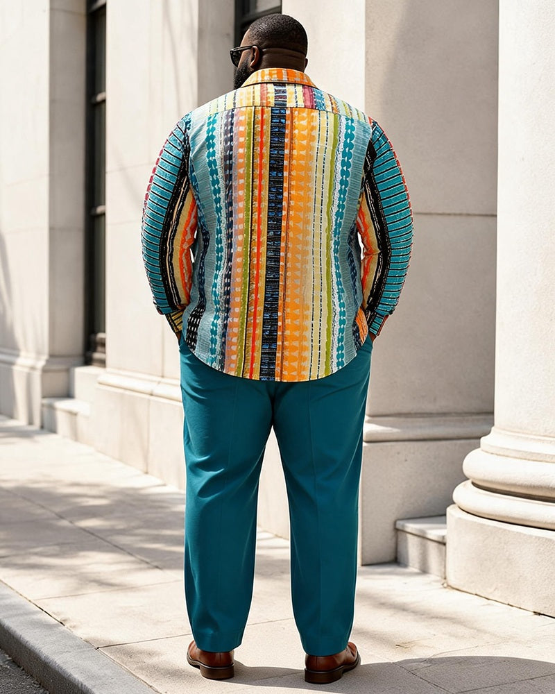 Big & Tall Men's Vintage Rainbow Vertical Strip Geometric Print Long Sleeve Shirt Pants Set