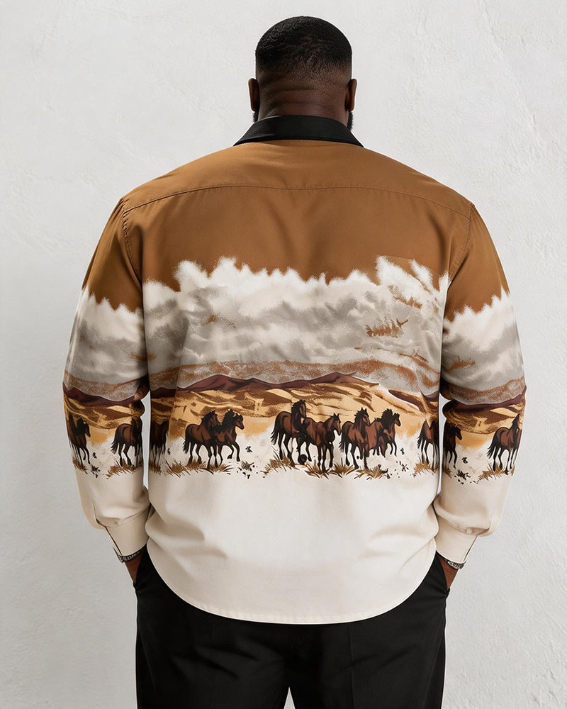 Big & Tall Men's Galloping Horse Landscape Print Long Sleeve Shirt