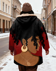 Women's Black And Red Contrast Women's Portrait Print Velvet Thickened Long Hooded Coat