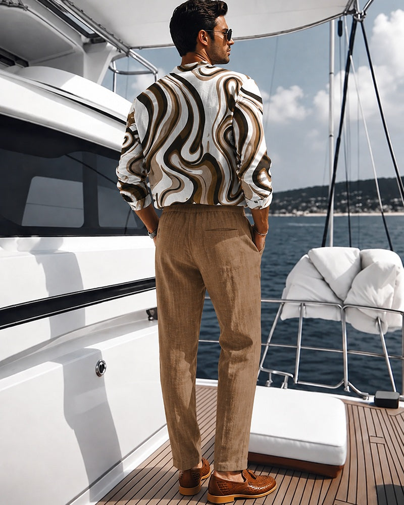 S-3XL Vintage Fluid Swirl Print Henley Shirt Drawstring Pants Two-Piece Set