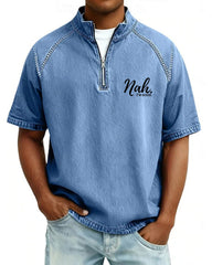 S-4XL Nah. I 'M GOOD Letter Print Wash Half Zip Short Sleeve POLO Shirt