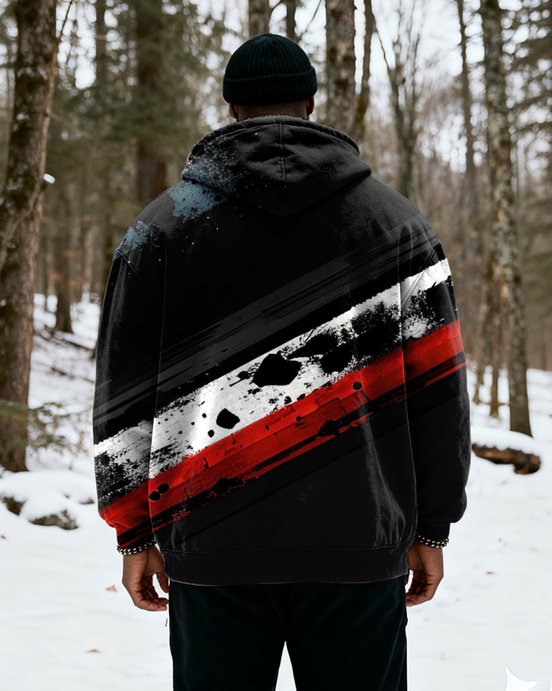 Big & Tall Men's Black Red And Black Graffiti Print Velvet Thickened Zipper Hoodie