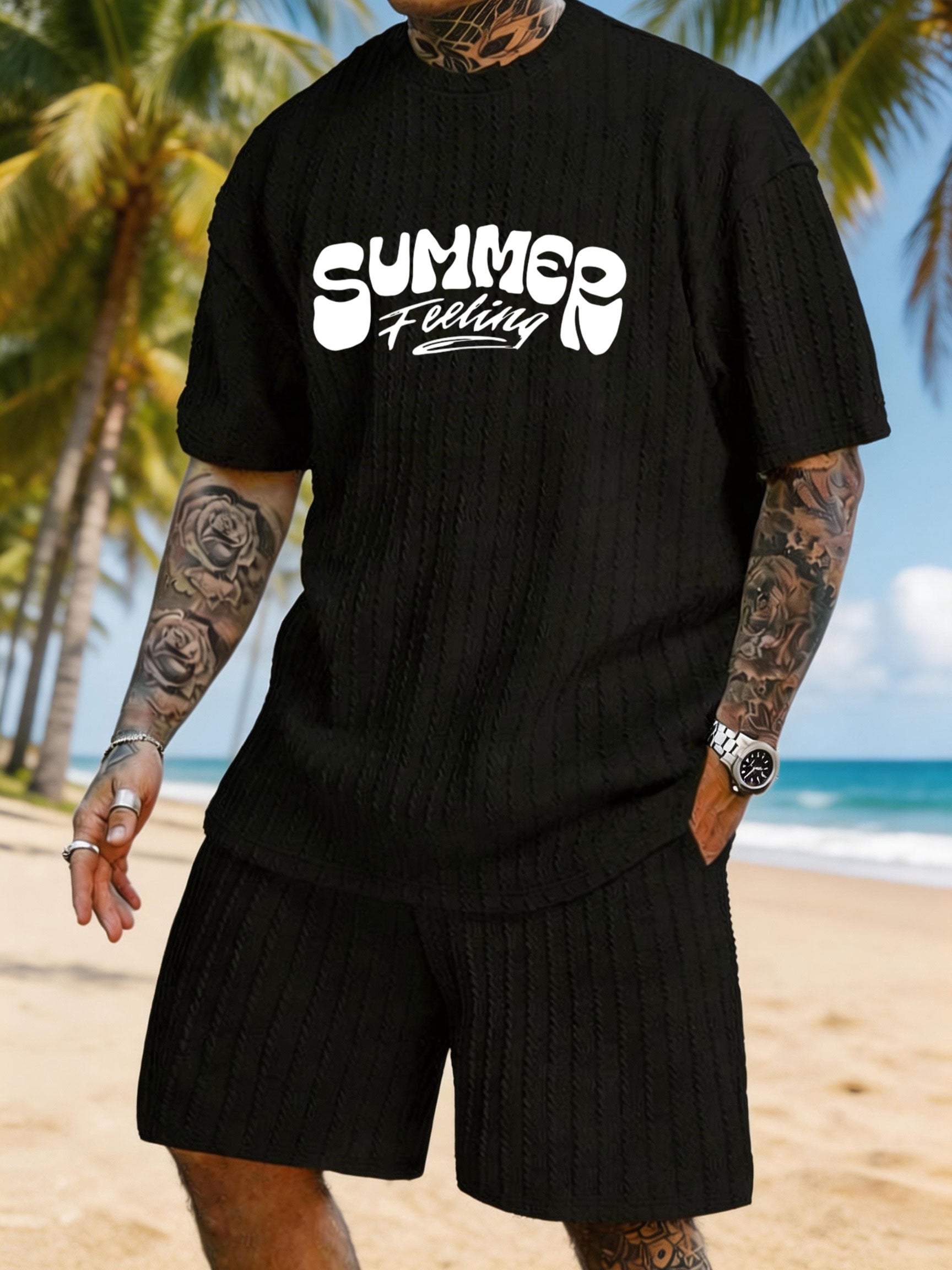 "SUMMER Feeling" Print Texture Large Size Vacation Suit